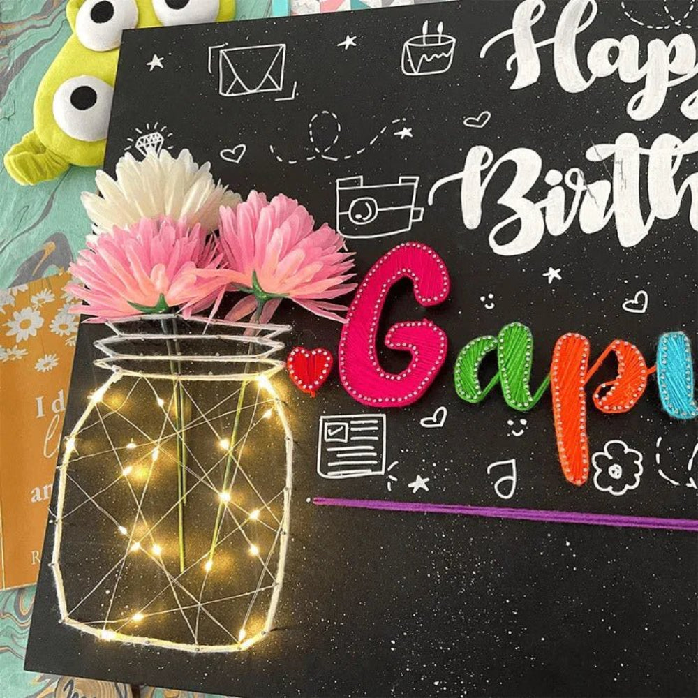 Birthday String Art & Photo Display Board | Personalized Gift with Lights & Flowers
