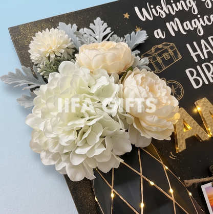 Birthday String Art & Photo Display Board | Personalized Gift with Lights & Flowers