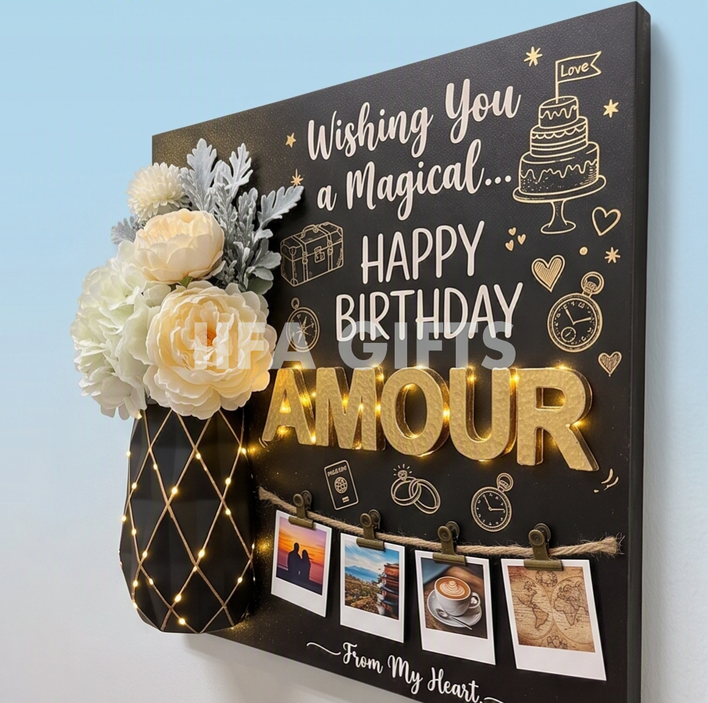 Birthday String Art & Photo Display Board | Personalized Gift with Lights & Flowers
