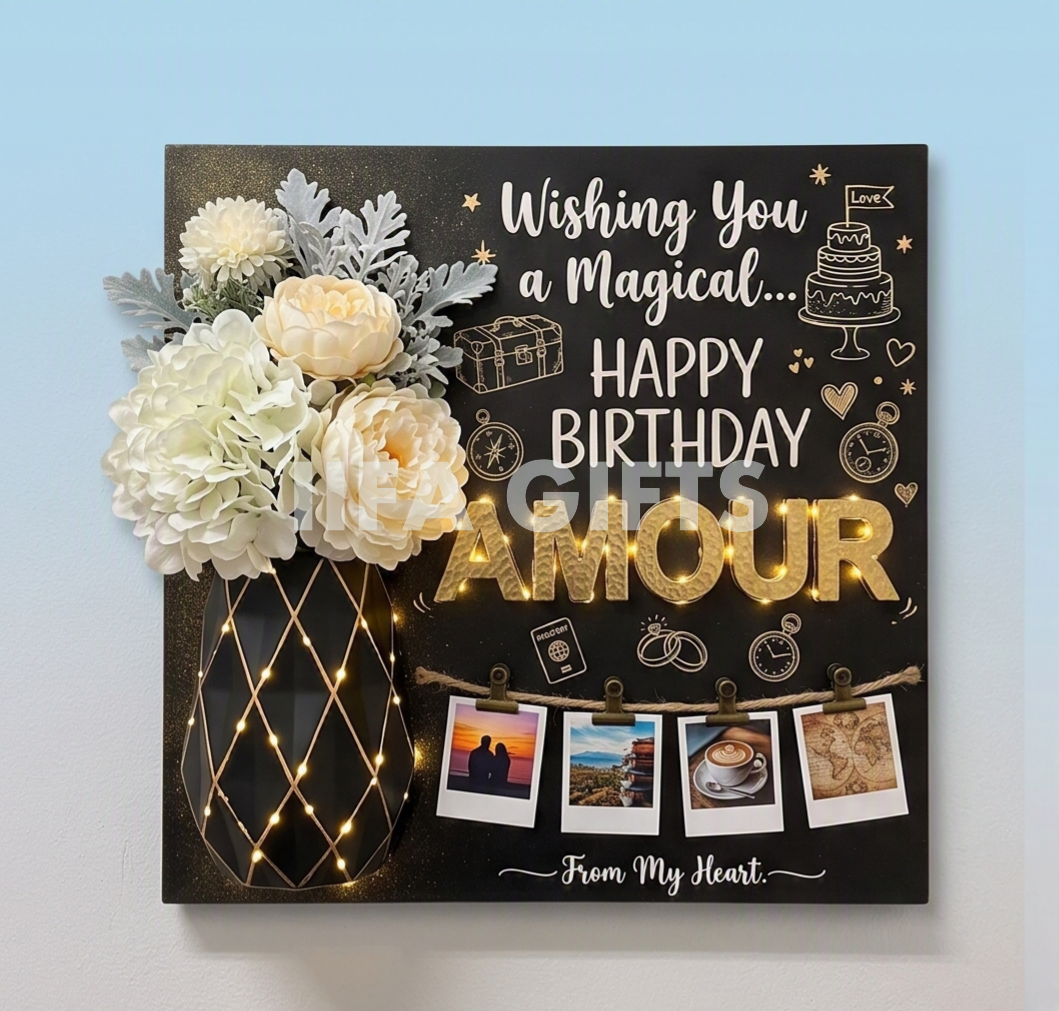 Birthday String Art & Photo Display Board | Personalized Gift with Lights & Flowers