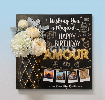 Birthday String Art & Photo Display Board | Personalized Gift with Lights & Flowers